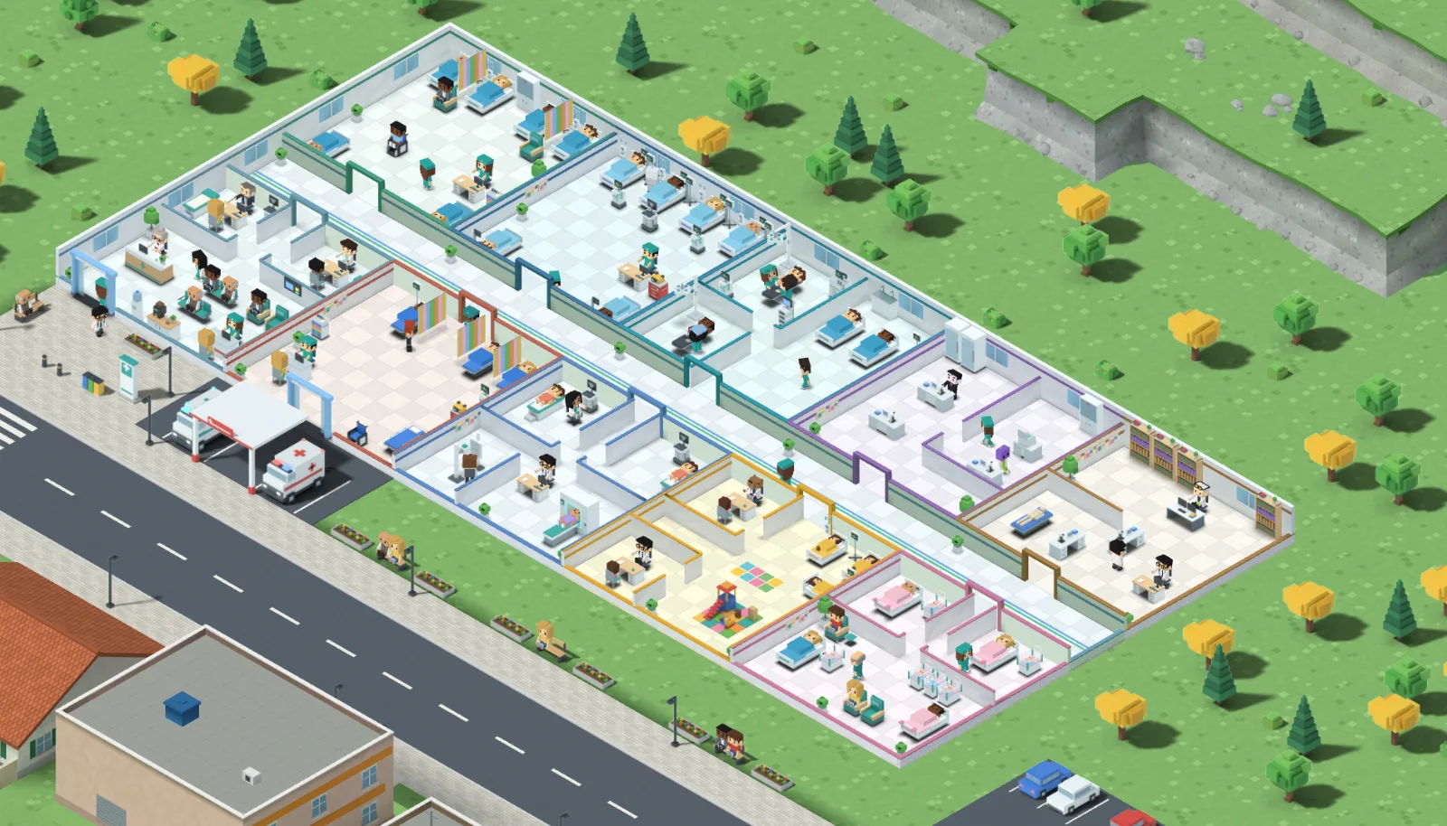 Hospital do Plantão em 3D com dez setores construídos, pacientes e equipe